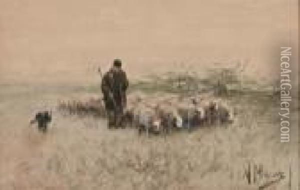 Herder Met Hond En Schaapskudde Oil Painting - Anton Mauve