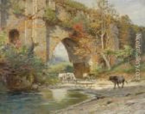 Kuhe Am Flussufer Unter Einem Bruckenbogen. Oil Painting - Franz Theodor Aerni