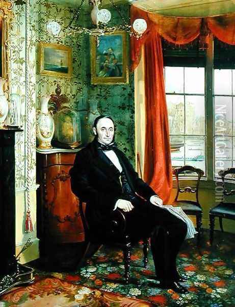 Portrait of Henry Thomas Lambert Seated in his Study with a View of the Thames Beyond Oil Painting - George Townsend Cole