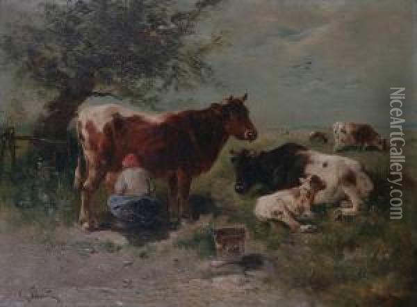 Melken Van De Koeien Oil Painting - Henry Schouten