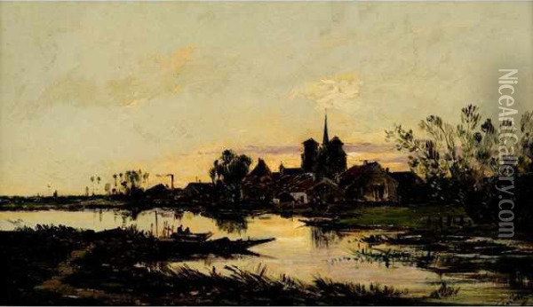 Village Au Bord De La Riviere Oil Painting - Eugene Galien-Laloue