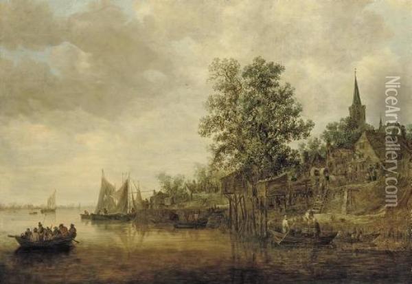 A Wooded Landscape With Shipping On A River, A Village Nearby Oil Painting - Jan van Goyen