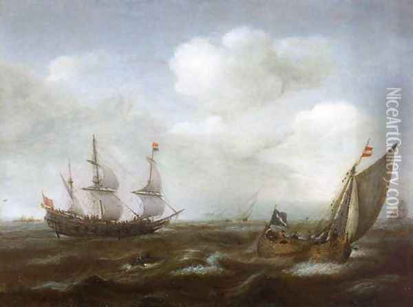 A Dutch Ship and Fishing Boat in a Fresh Breeze Oil Painting - Cornelis Hendricksz. The Younger Vroom