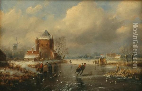 Skating On A Frozen Lake Oil Painting - Jan Jacob Coenraad Spohler