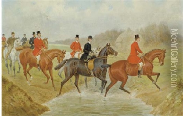 Splashing Through The Ford (+ Straight Goers And Road Riders; Pair) Oil Painting - John Sturgess