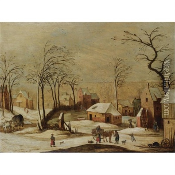 A Village Scene In Winter With Peasants Unloading A Cart In The Foreground, And A Horse And Carriage On A Path To The Left Oil Painting - Joos de Momper the Elder