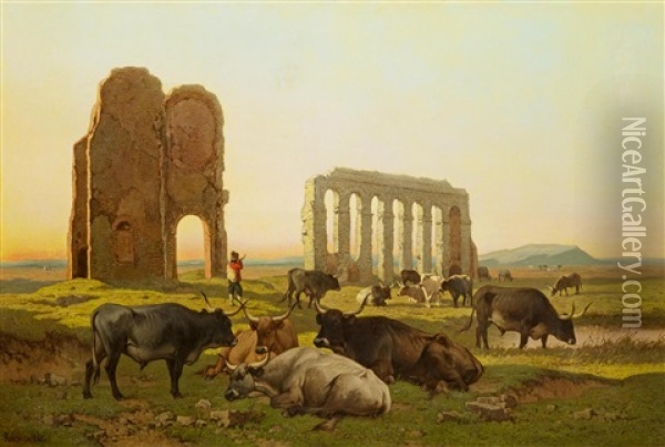 In Der Romischen Campagna. Hirten Mit Ihrem Vieh Vor Antiken Ruinen Oil Painting - Louis Robbe