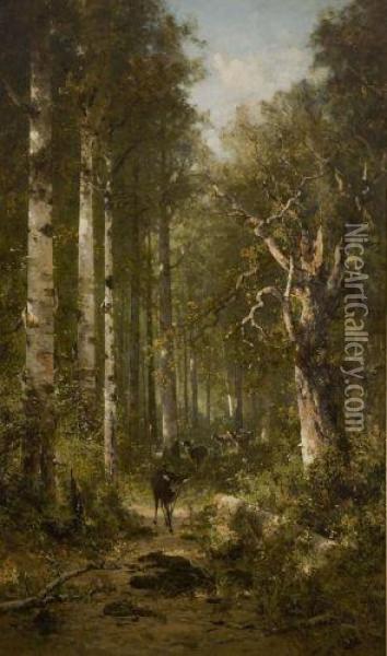 Deer Walking On Wooded Path Oil Painting - Thomas Hill