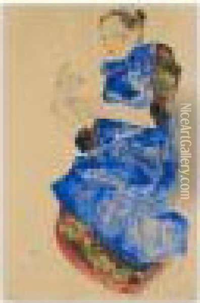 Madchen Mit Blauer Schurze (girl In Blue Apron) Oil Painting - Egon Schiele