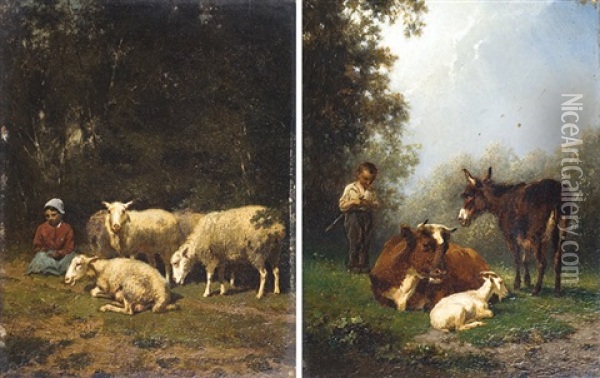 Le Jeune Gardien De Betail + La Jeune Bergere Oil Painting - Edouard Woutermaertens