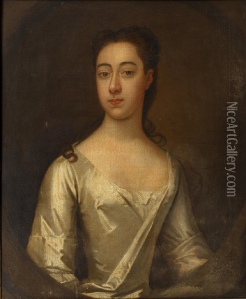 Portrait Of Miss Molly Rawstorne, In A White Satin Dress Oil Painting - Hamlet Winstanley