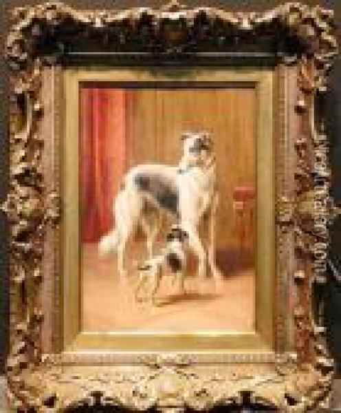 The Protector, A Borzoi Hound And Puppy Oil Painting - Carl Reichert