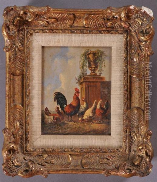 Cocks, Hens And Stone Urn In A Landscape Oil Painting - Albertus Verhoesen