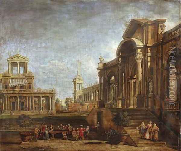 An architectural capriccio with elegant figures promenading and playing music Oil Painting - Antonio Visentini