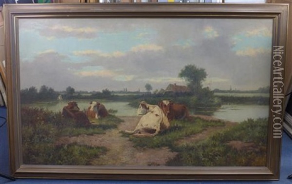 Cattle Seated Beside A River Oil Painting - Mark William Fisher