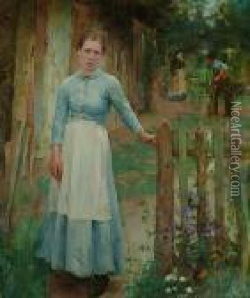 The Girl At The Gate Oil Painting - George Clausen
