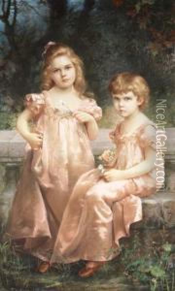 Portrait Of Two Girls In Pink Dresses Oil Painting - Rosina Montovani-Gutti