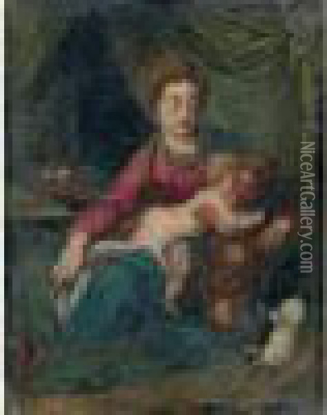 Attribue A - Vierge A L'enfant Avec Saint Jean Baptiste Oil Painting - Acopo D'Antonio Negretti (see Palma Giovane)