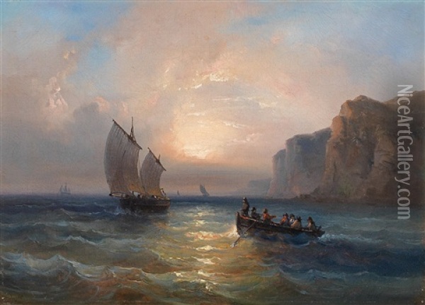 Calm Sea With Ships In The Evening Light Oil Painting - Jean-Marie-Auguste Jugelet