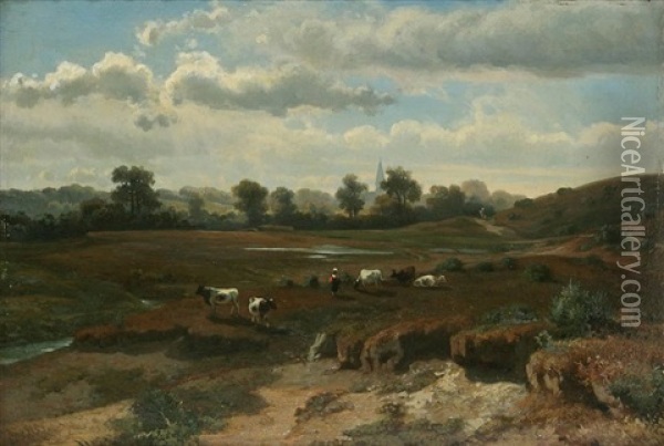 Cowherd With Flock On Heathland With Bell Tower In The Distance Oil Painting - Edmond De Schampheleer