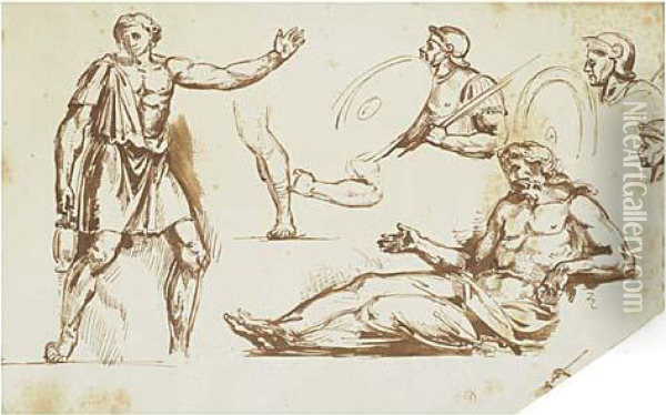 Sheet Of Studies Of Figures From The Antique Oil Painting - Eugene Delacroix