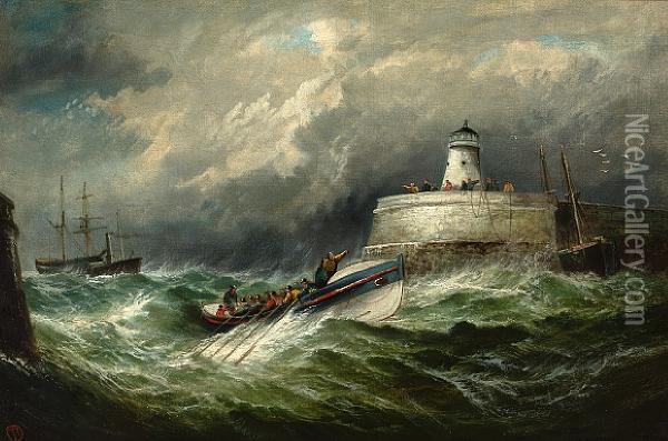 The Ramsgate Lifeboat Returning To Port In A Storm Oil Painting - William Broome Of Ramsgate