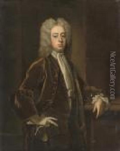 Portrait Of A Gentleman, Three-quarter-length, In A Brown Velvet Coat Oil Painting - Michael Dahl