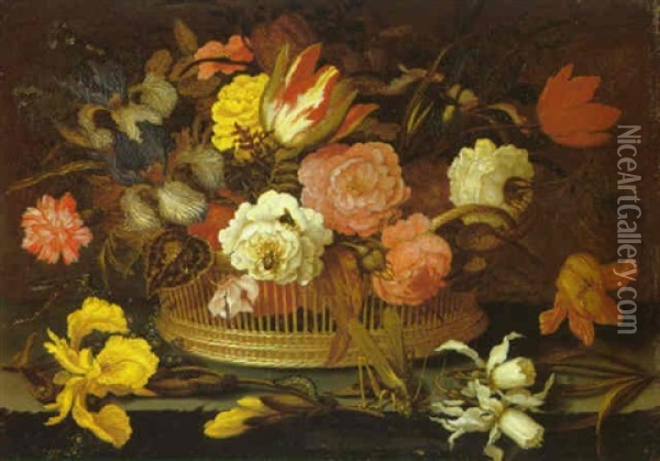 A Still Life Of Flowers In A Wicker Basket On A Stone Ledge Oil Painting - Balthasar Van Der Ast
