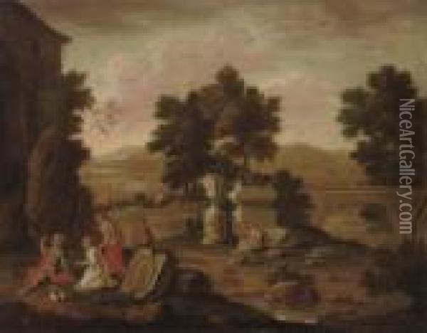 A River Landscape With Classical Ruins And Figures Conversing, Mountains Beyond Oil Painting - Jan Baptist Huysmans