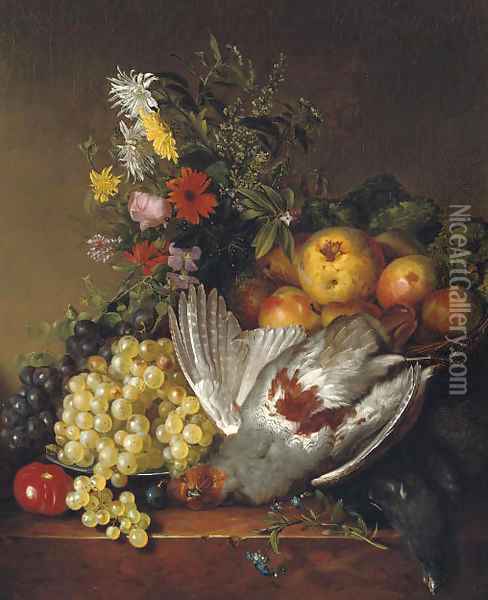 Poultry, fruit and flowers on a ledge Oil Painting - Johannes Reekers