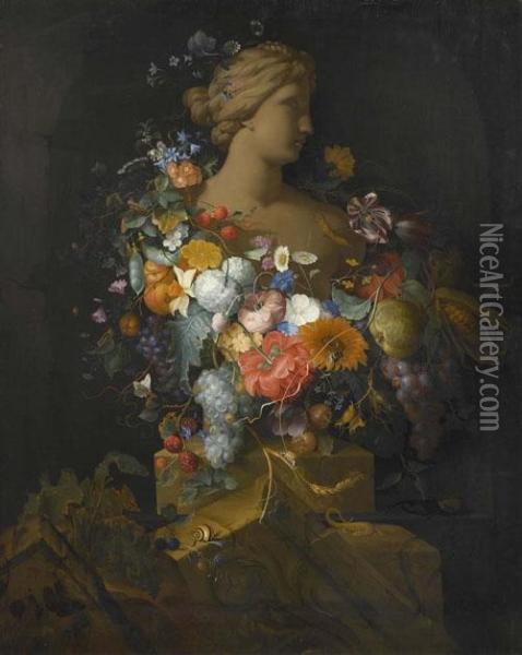 Still Life: Fruits And A Garland Of Flowers Around A Bust Of Venus Before A Niche. Oil Painting - Pieter Gallis