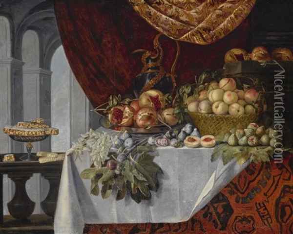 Still Life Of Fruit On A Table With An Architectural Setting Beyond Oil Painting - Pier Francesco Cittadini