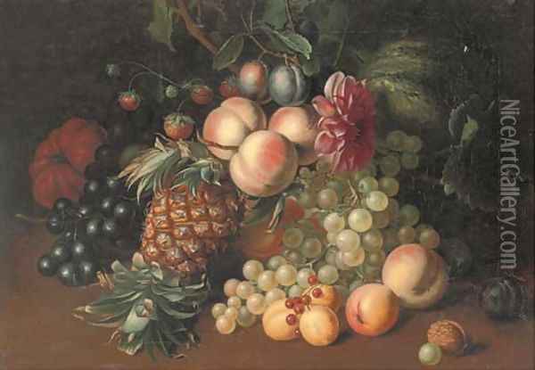 Still life of grapes, peaches, strawberries, a melon, pumpkin, pineapple, with an acorn to the side Oil Painting - Arthur Charles Dodd
