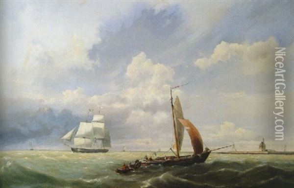 Shipping Off The Coast, With The Hoofdtoren, Hoorn Beyond Oil Painting - Hermanus Koekkoek the Younger