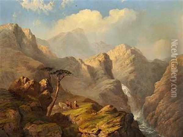 Bjergparti Fra Det Skotske Hojland Med Vandrere Ved Et Vandfald Oil Painting - Edward Train