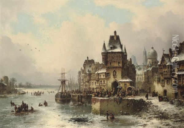 Market Day On A Frozen Lake Oil Painting - Ludwig Hermann