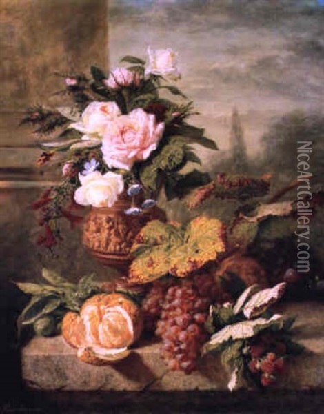 Bouquet De Fleurs Dans Un Vase Et Fruits Sur Un Entablement Oil Painting - Simon Saint-Jean