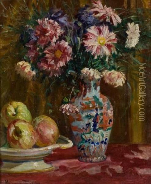 Stilleben Mit Blumen Und Apfeln Oil Painting - Maurycy Trebacz