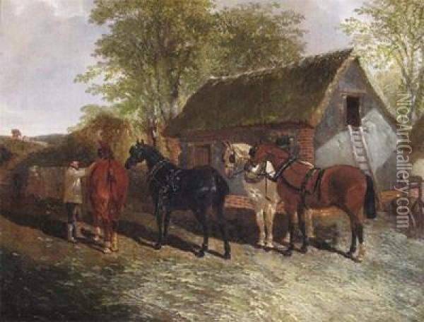 Work Horses By A Barn Oil Painting - John Frederick Herring Snr