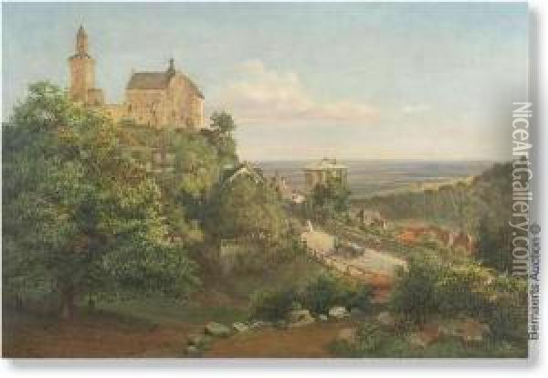 Panoramiclandscape With Village On A Hill. Oil Painting - Friedrich Eugen Peipers