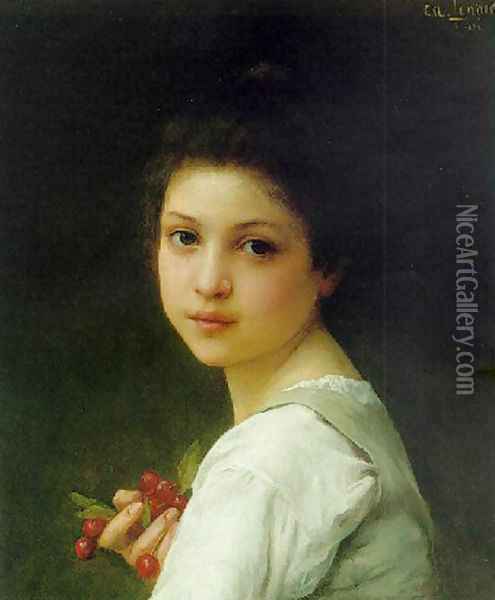 Portrait of a young girl with cherries Oil Painting - Lenoir Charles Amable