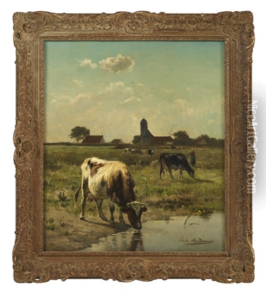 Cattle Grazing In The Fields Oil Painting - Emile Van Damme-Sylva