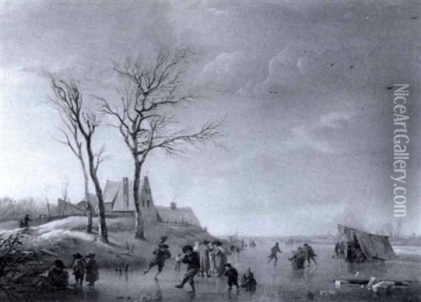 Frozen Winter Landscape With Skaters On The Edge Of Town Oil Painting - Bartholomeus Johannes Van Hove