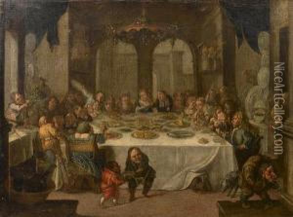A Palace Interior With Figures Feasting Oil Painting - Faustino Bocchi
