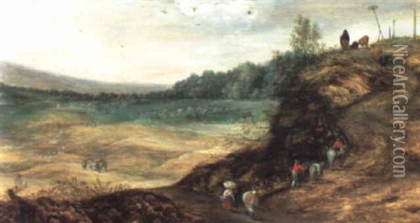 An Extensive Wooded Landscape With Peasants On A Track Climbing A Bluff Oil Painting - Joos de Momper the Younger