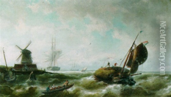 Sailing Vessels In Choppy Waters Oil Painting - Nicolaas Riegen