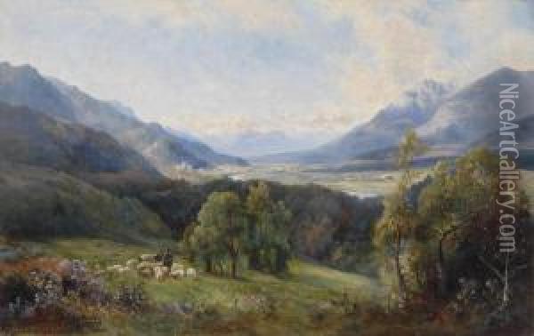View Of A Valley, A Flock Of Sheep In The Foreground Oil Painting - Emil Barbarini