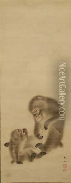 A Seated Female Monkey With Young One Oil Painting - Sosen Mori
