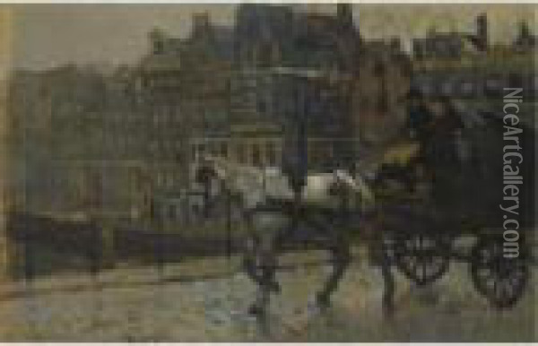 A Horse-drawn Cart On The Eenhoornsluis Crossing The Korte Prinsengracht, Amsterdam Oil Painting - George Hendrik Breitner