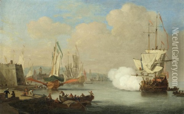 A Capriccio Of A Mediterranean Harbour Scene With An English Man O' War Firing A Salute Oil Painting - Francis Swaine